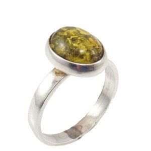 Sterling Silver Green Amber Oval Solitaire Ring Size 4.25